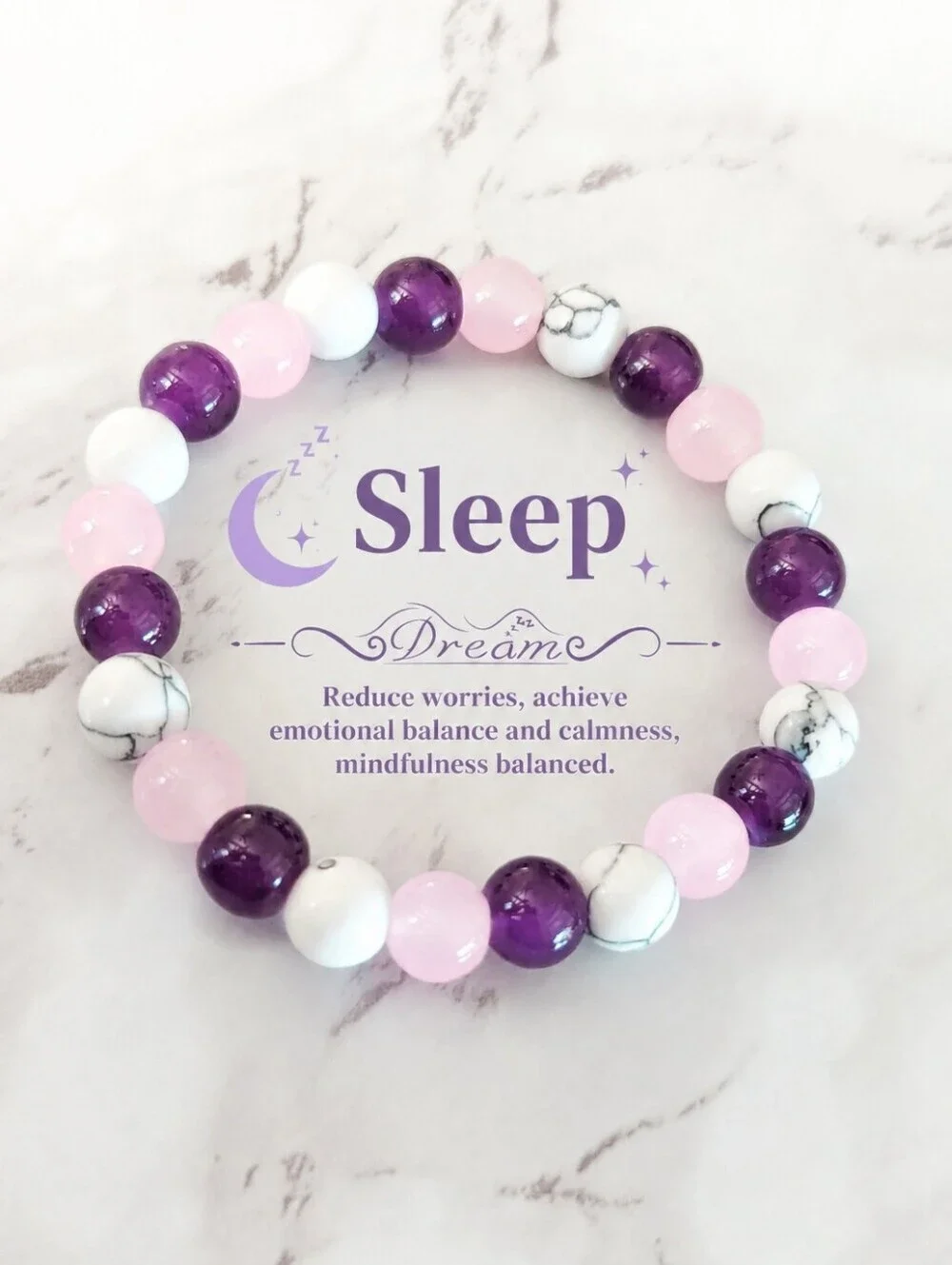 Sleep Crystal Bracelet Amethyst Rose Quartz Howlite Beaded Stretch Bracelet